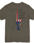 rear view of army green color fabric patriotic shirt with americantees.us logo on front and Thomas Jefferson quote on back.