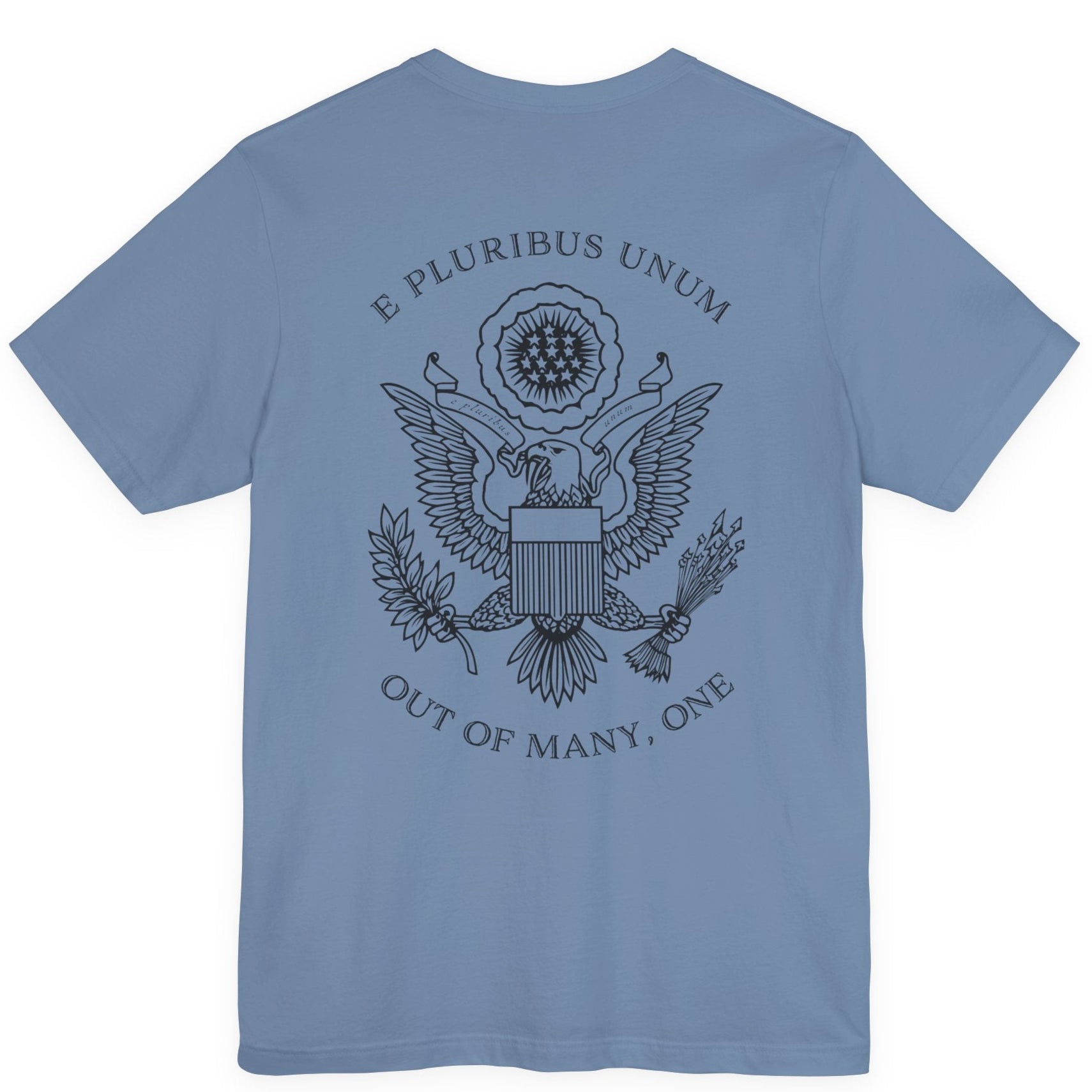 rear view of a steel blue colored fabric patriotic shirt with an americantees.us logo on front and the great seal of the united states on the back