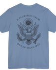 rear view of a steel blue colored fabric patriotic shirt with an americantees.us logo on front and the great seal of the united states on the back