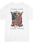 rear view of patriotic shirt white color fabric tee with logo on front and american flag with liberty bell and crossed rifles on back, motto that states Come and Take Them and molon labe on scroll