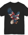 Bald eagle with American flag feathers on "Eagle of Valor" Patriotic Shirts, black color fabric, American Shirts design. rear view