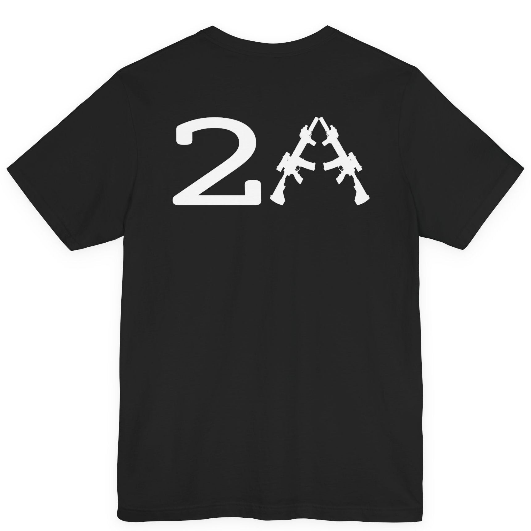 rear view of a patriotic a black colored fabric shirt with americantees.us logo on front and 2A on the back with stacked rifles forming the A