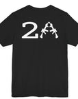 rear view of a patriotic a black colored fabric shirt with americantees.us logo on front and 2A on the back with stacked rifles forming the A