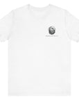 front view of a white colored fabric patriotic shirt with an americantees.us logo on front and the great seal of the united states on the back