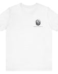 front view of a a white colored fabric patriotic shirt with americantees.us logo on front and American flag in shape of a Christian cross with pledge of allegiance surrounding image on back