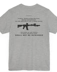 Second Amendment Patriotic Shirt with Rifle and Text Design, bill of rights, athletic grey colored shirt, rear view