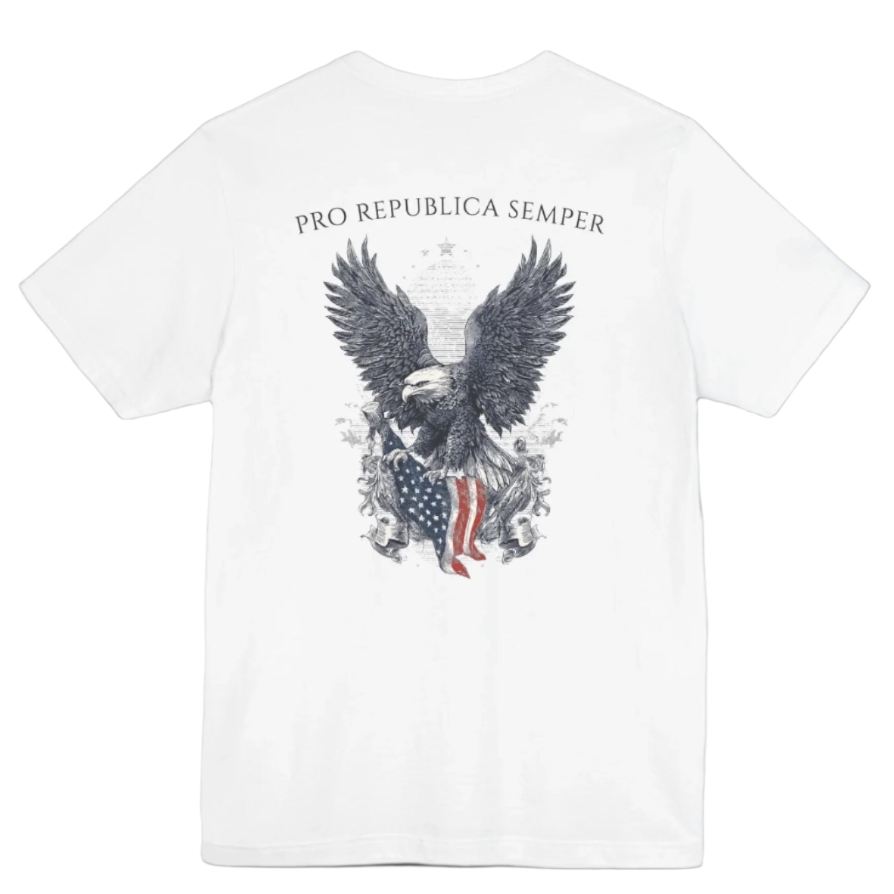 Patriotic Shirts Pro Libertas Semper Flag Eagle Tee, white, back side, featuring a bold eagle clutching an American flag with scrollwork on a unisex 100% cotton shirt, ideal for American pride