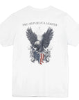 Patriotic Shirts Pro Libertas Semper Flag Eagle Tee, white, back side, featuring a bold eagle clutching an American flag with scrollwork on a unisex 100% cotton shirt, ideal for American pride