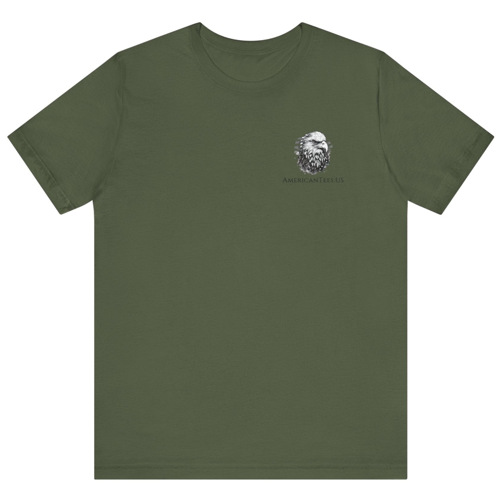 Patriotic Shirts Pro Libertas Semper Flag Eagle Tee, military green, featuring a bold eagle clutching an American flag with scrollwork on a unisex 100% cotton shirt, ideal for American pride