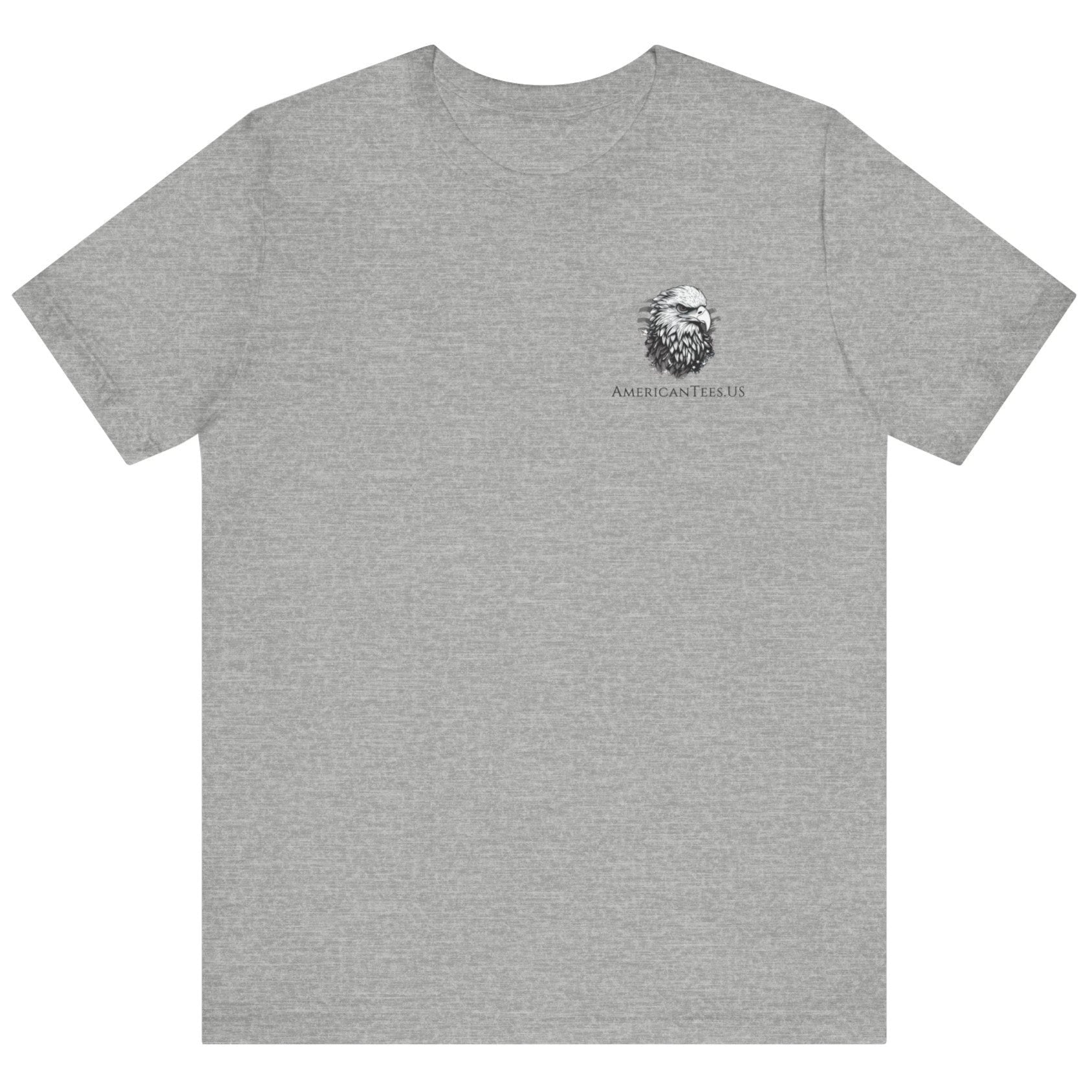 athletic heather colored t-shirt featuring two crossed swords in front of a full-color American flag graphic, with the text "Ius Populi ad Arma" in bold black font above.