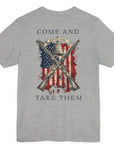 rear view of patriotic shirt athletic heather color fabric tee with logo on front and american flag with liberty bell and crossed rifles on back, motto that states Come and Take Them and molon labe on scroll
