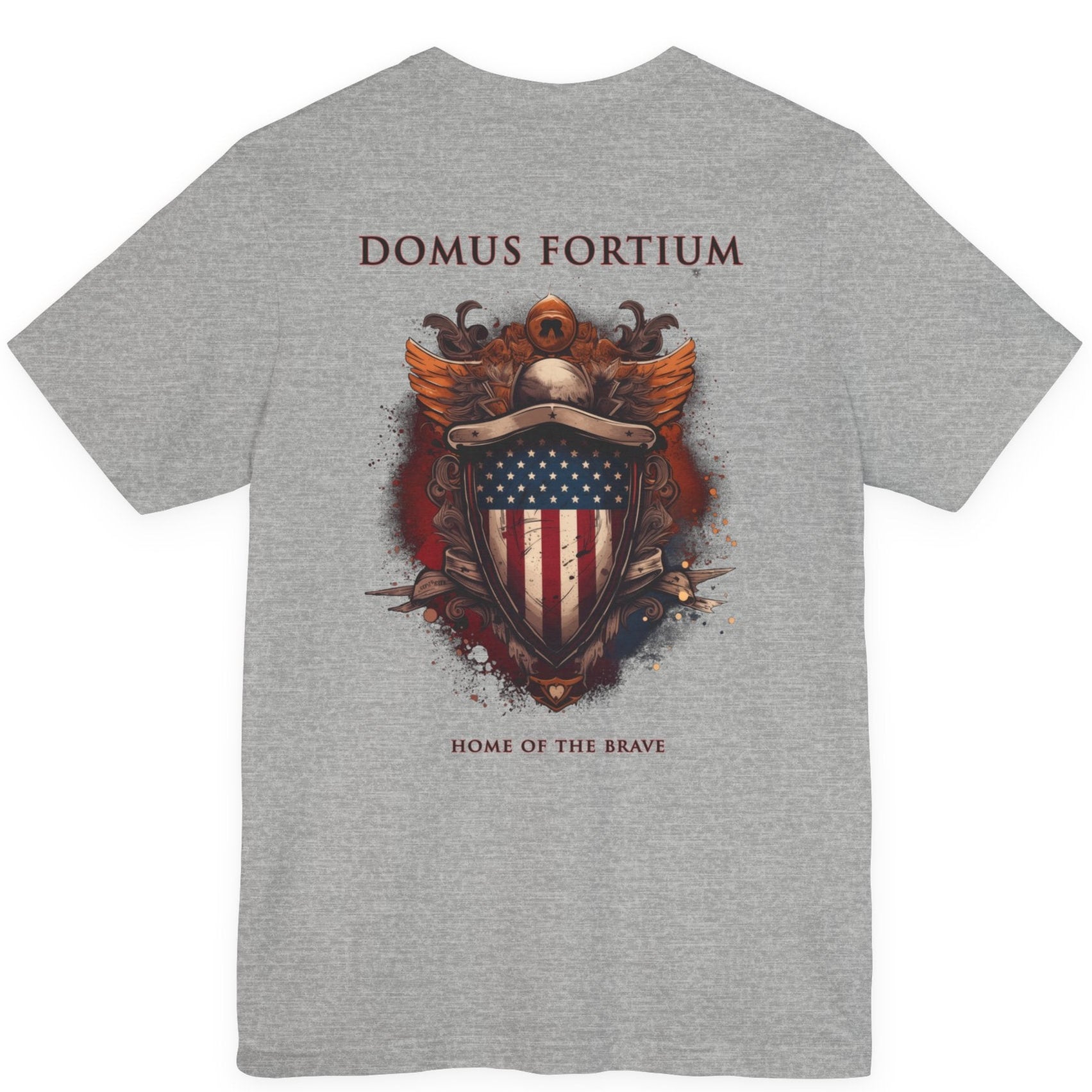 patriotic shirt back view athletic heather color fabric tee logo with eagle on front, american flag on shield with scrollwork, Domus Fortium, home of the brave motto