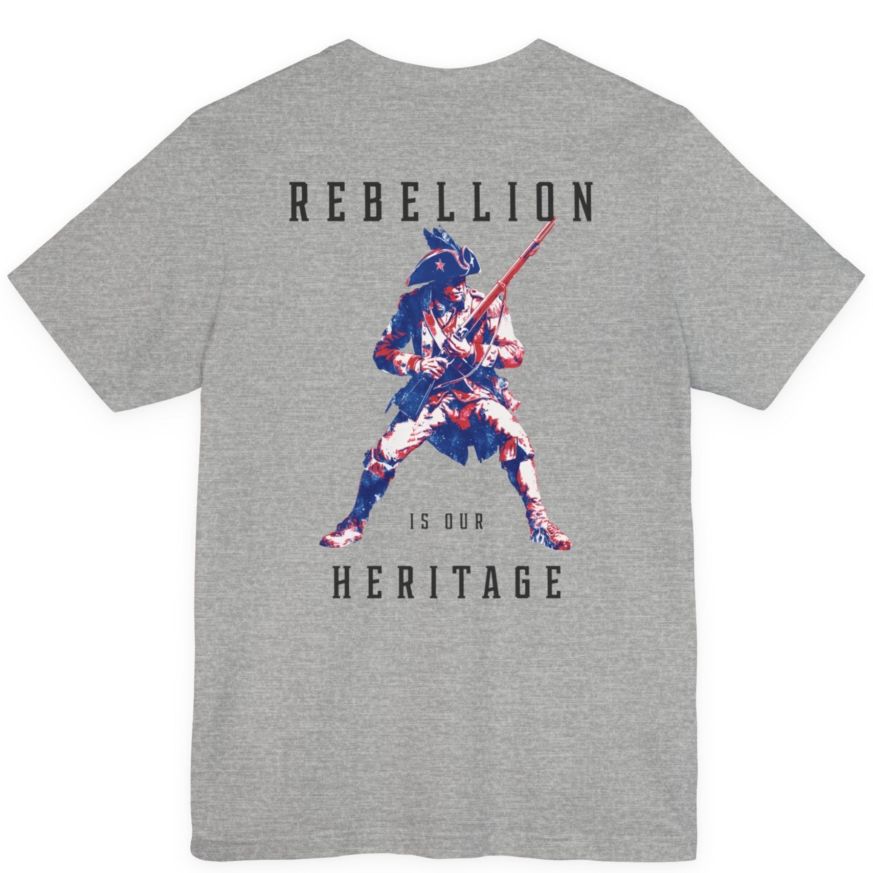 patriotic shirt rearview athletic heather color fabric logo on front graphic on back with minuteman soldier and phrase rebellion is our heritage, American t-shirt