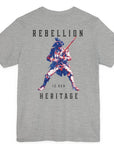 patriotic shirt rearview athletic heather color fabric logo on front graphic on back with minuteman soldier and phrase rebellion is our heritage, American t-shirt