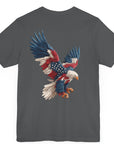 Bald eagle with American flag feathers on "Eagle of Valor" Patriotic Shirts, asphalt color fabric, American Shirts design. rear view