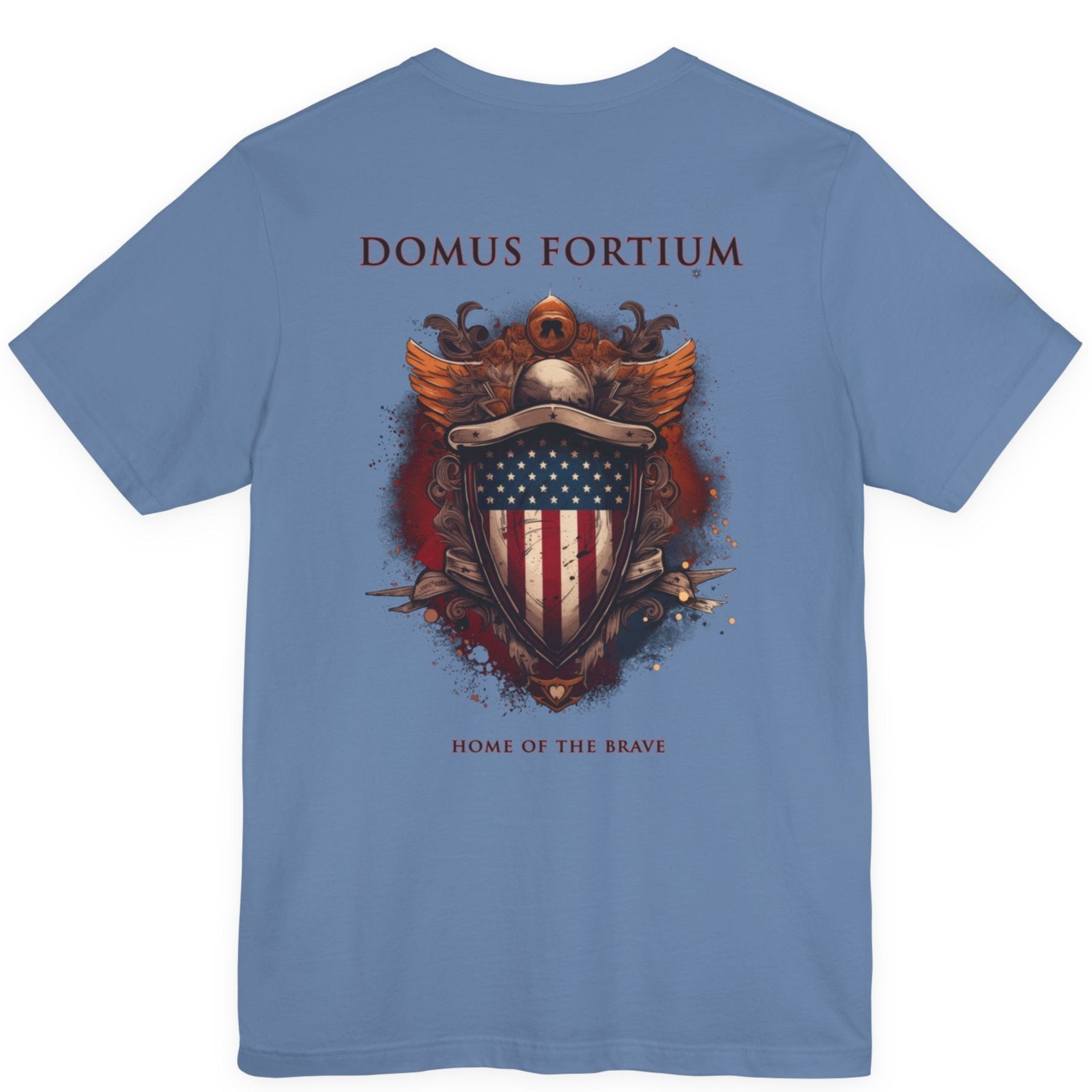 patriotic shirt back view lavender blue color fabric tee logo with eagle on front, american flag on shield with scrollwork, Domus Fortium, home of the brave motto