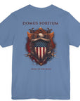 patriotic shirt back view lavender blue color fabric tee logo with eagle on front, american flag on shield with scrollwork, Domus Fortium, home of the brave motto