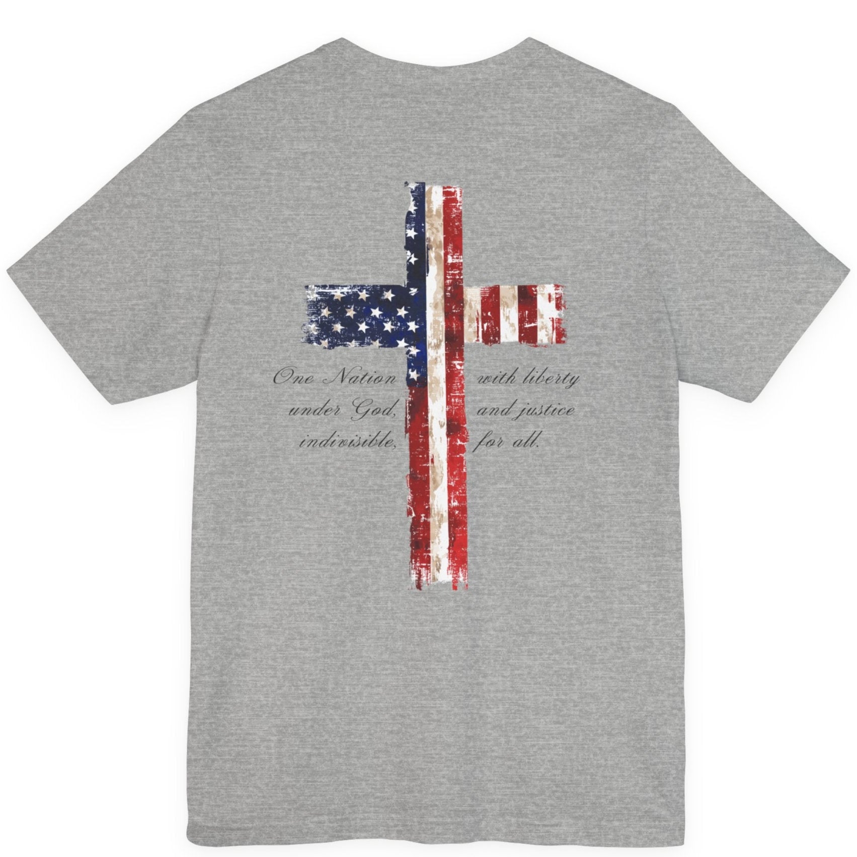rear view of an athletic heather colored fabric patriotic shirt with americantees.us logo on front and American flag in shape of a Christian cross with pledge of allegiance surrounding image on back