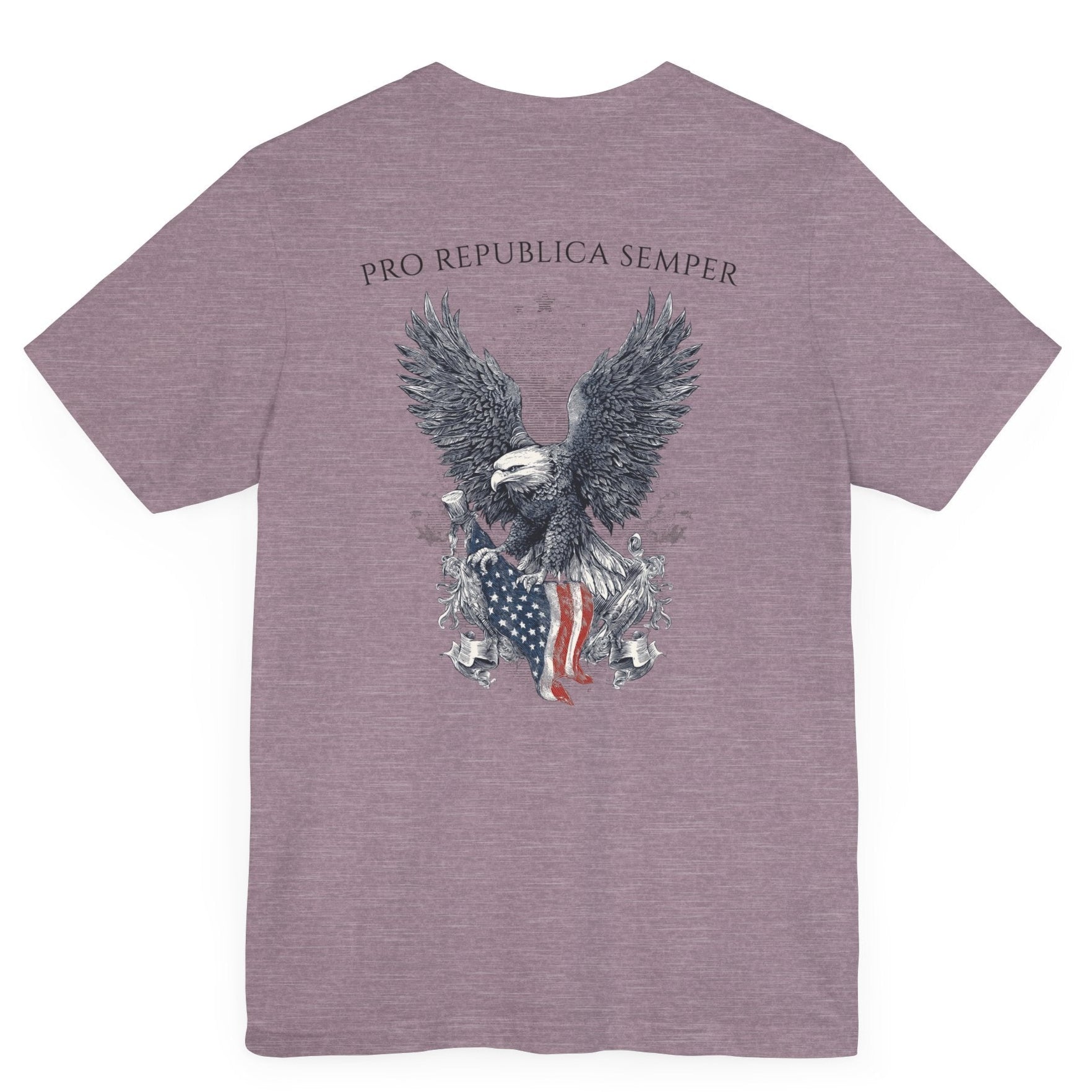 Patriotic Shirts Pro Libertas Semper Flag Eagle Tee, heather purple, back side, featuring a bold eagle clutching an American flag with scrollwork on a unisex 100% cotton shirt, ideal for American pride
