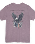 Patriotic Shirts Pro Libertas Semper Flag Eagle Tee, heather purple, back side, featuring a bold eagle clutching an American flag with scrollwork on a unisex 100% cotton shirt, ideal for American pride