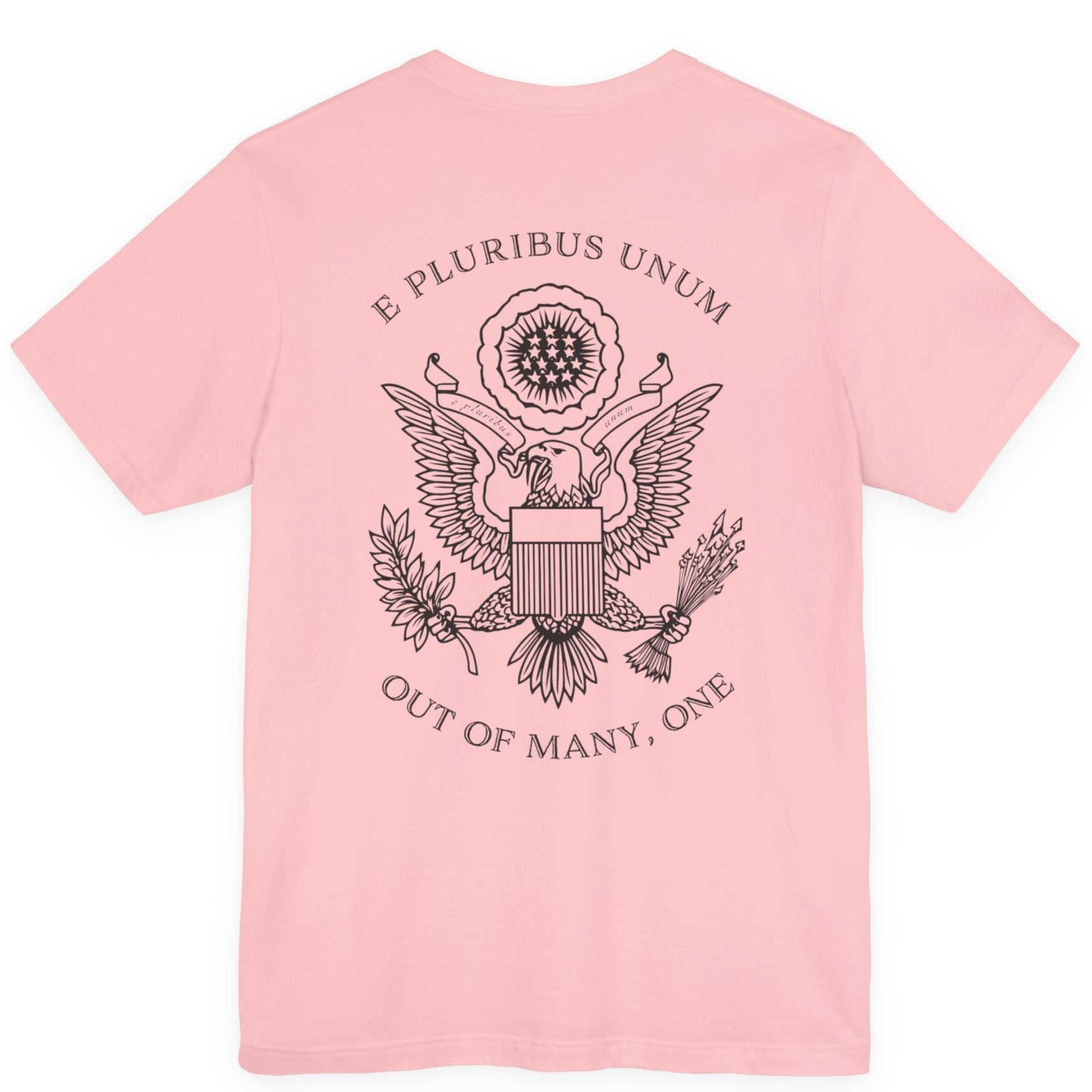 rear view of a pink colored fabric patriotic shirt with an americantees.us logo on front and the great seal of the united states on the back