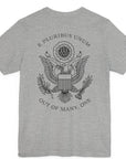 rear view of a athletic heather colored fabric patriotic shirt with an americantees.us logo on front and the great seal of the united states on the back