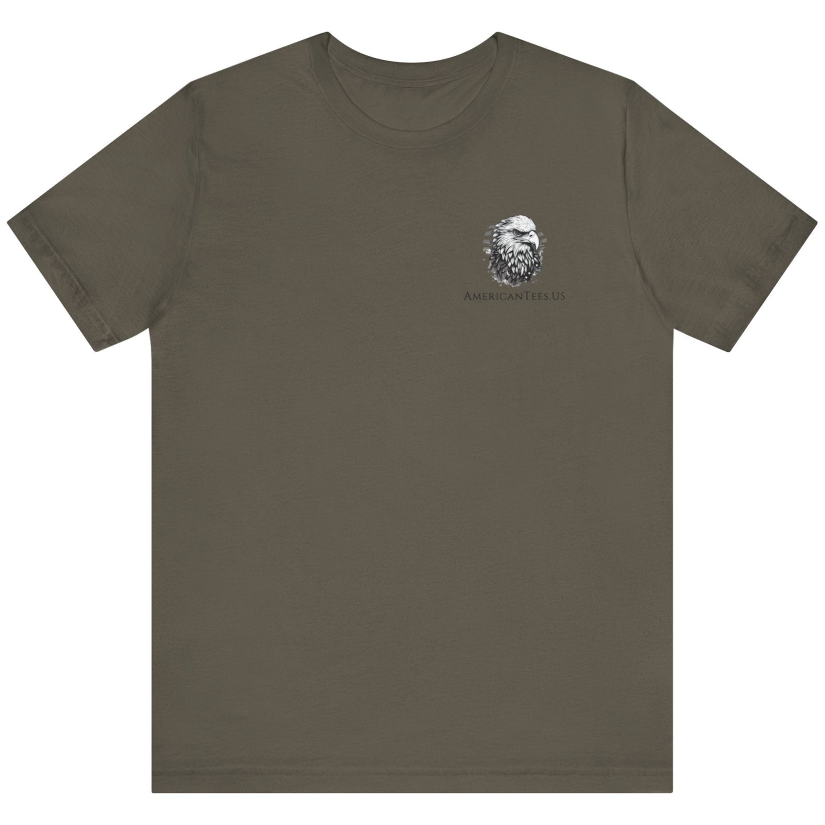 Front view of an army green colored t-shirt with a graphic design of a rifle crossed with a quill fountain pen and an American flag ribbon, with the quote Defend the Republic by law or by force. Patriotic Shirts. logo design on front.