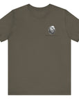 Front view of an army green colored t-shirt with a graphic design of a rifle crossed with a quill fountain pen and an American flag ribbon, with the quote Defend the Republic by law or by force. Patriotic Shirts. logo design on front.