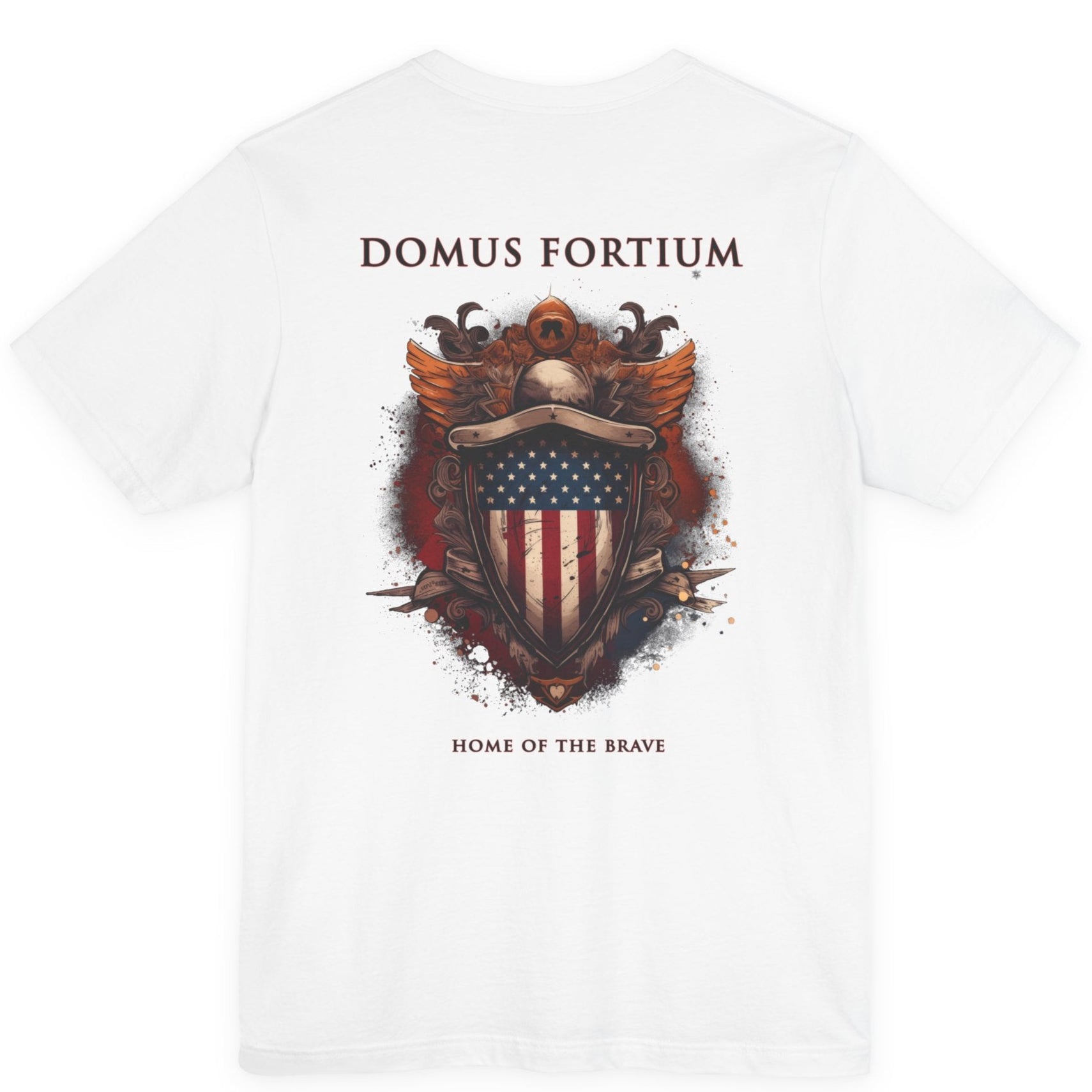 patriotic shirt back view white color fabric tee logo with eagle on front, american flag on shield with scrollwork, Domus Fortium, home of the brave motto