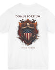 patriotic shirt back view white color fabric tee logo with eagle on front, american flag on shield with scrollwork, Domus Fortium, home of the brave motto