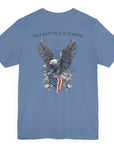 Patriotic Shirts Pro Libertas Semper Flag Eagle Tee, lavender blue, back side, featuring a bold eagle clutching an American flag with scrollwork on a unisex 100% cotton shirt, ideal for American pride