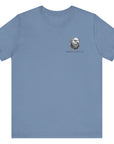 front view of a steel blue colored fabric patriotic shirt with an americantees.us logo on front and the great seal of the united states on the back