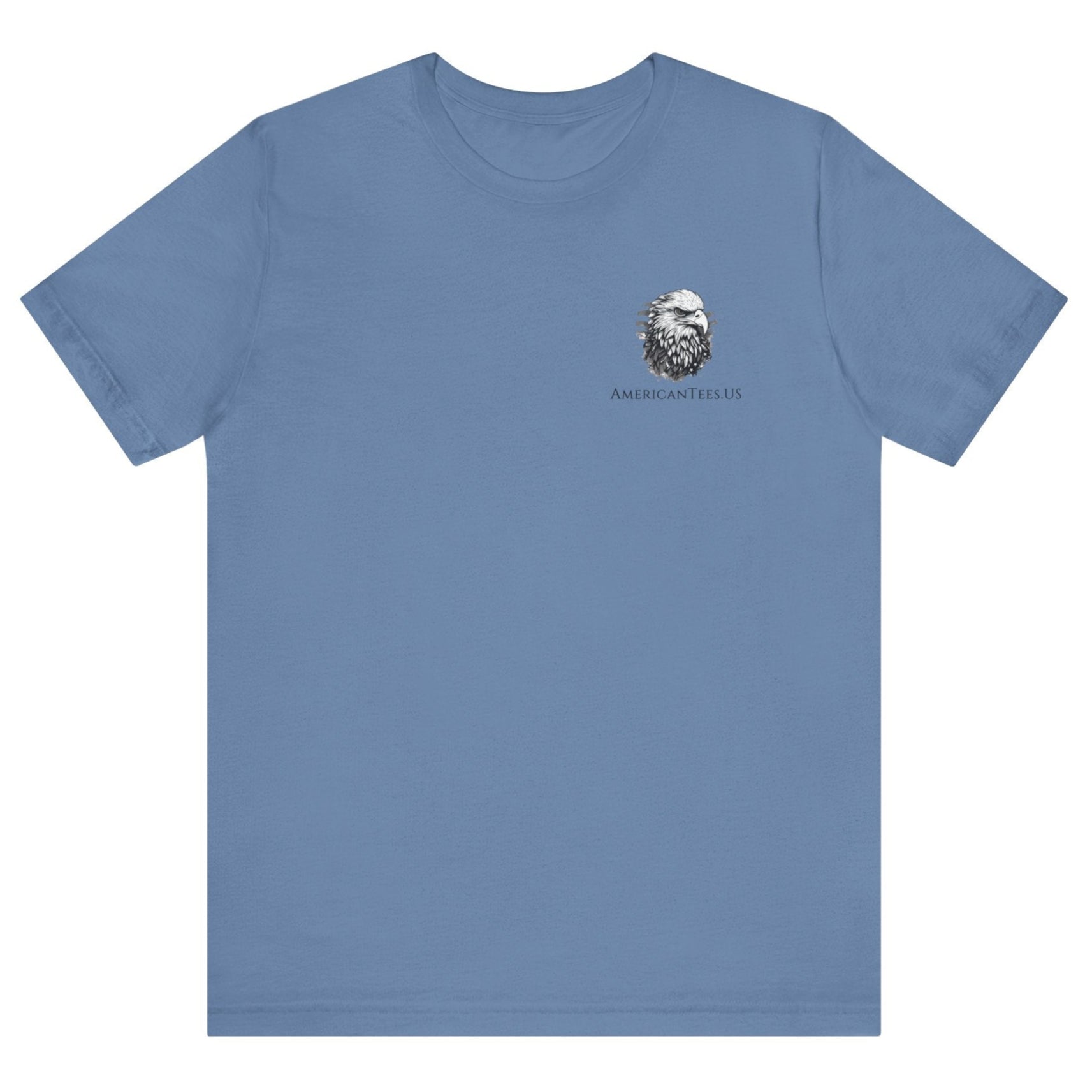 Patriotic Shirts Libertas Semper Eagle Flag Tee flat lay, lavender blue featuring an eagle and American flag with scrollwork on a unisex 100% cotton shirt, ideal for American pride