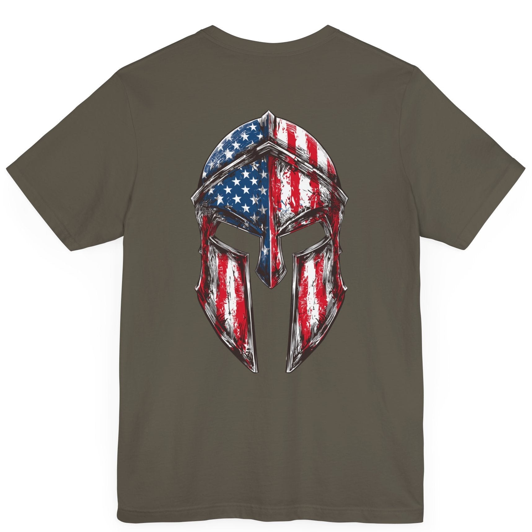 patriotic shirt, Spartan Spirit Patriotic T-Shirt with American Flag Design, army green color shirt, back side
