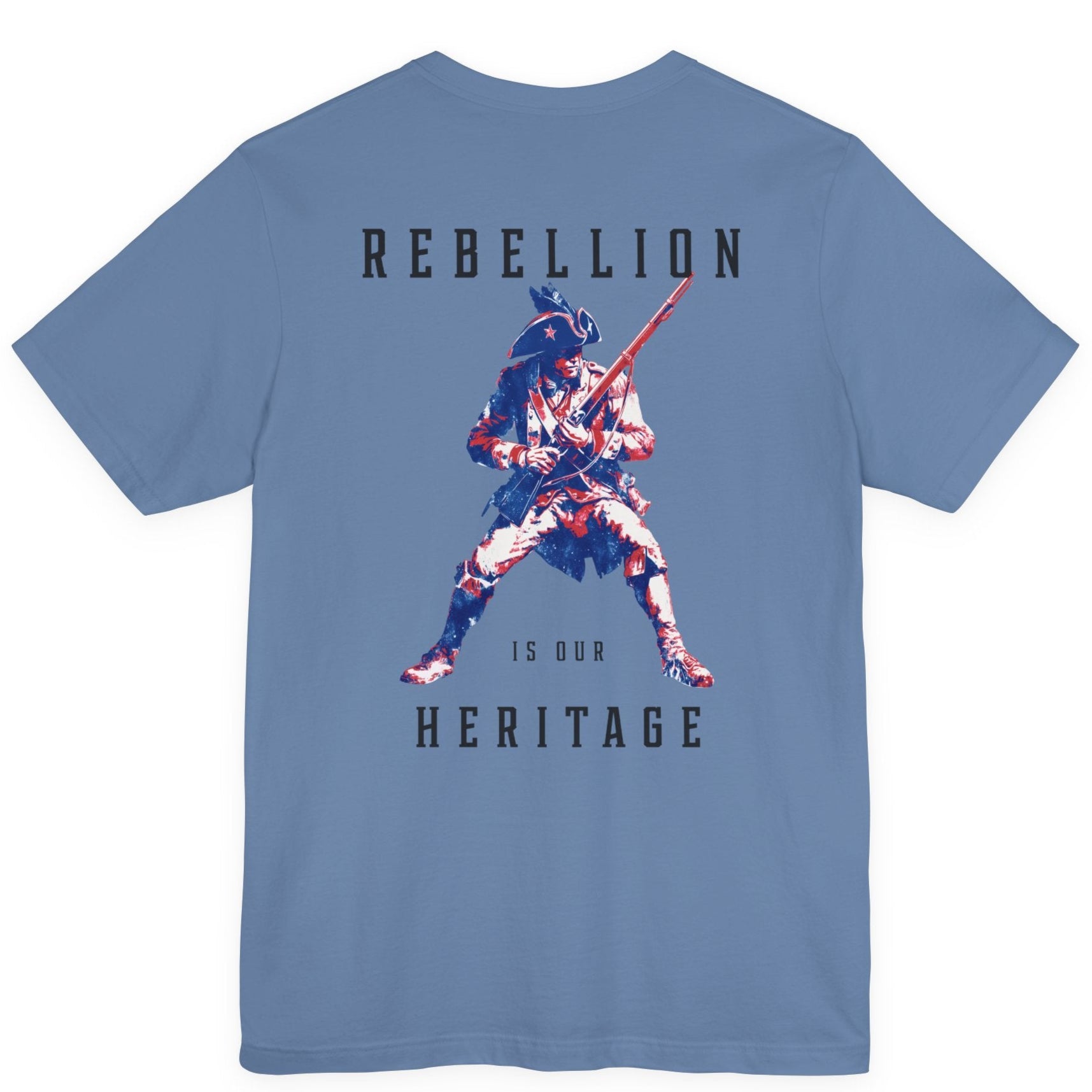 patriotic shirt rearview lavender blue color fabric logo on front graphic on back with minuteman soldier and phrase rebellion is our heritage, American t-shirt