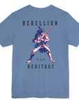 patriotic shirt rearview lavender blue color fabric logo on front graphic on back with minuteman soldier and phrase rebellion is our heritage, American t-shirt