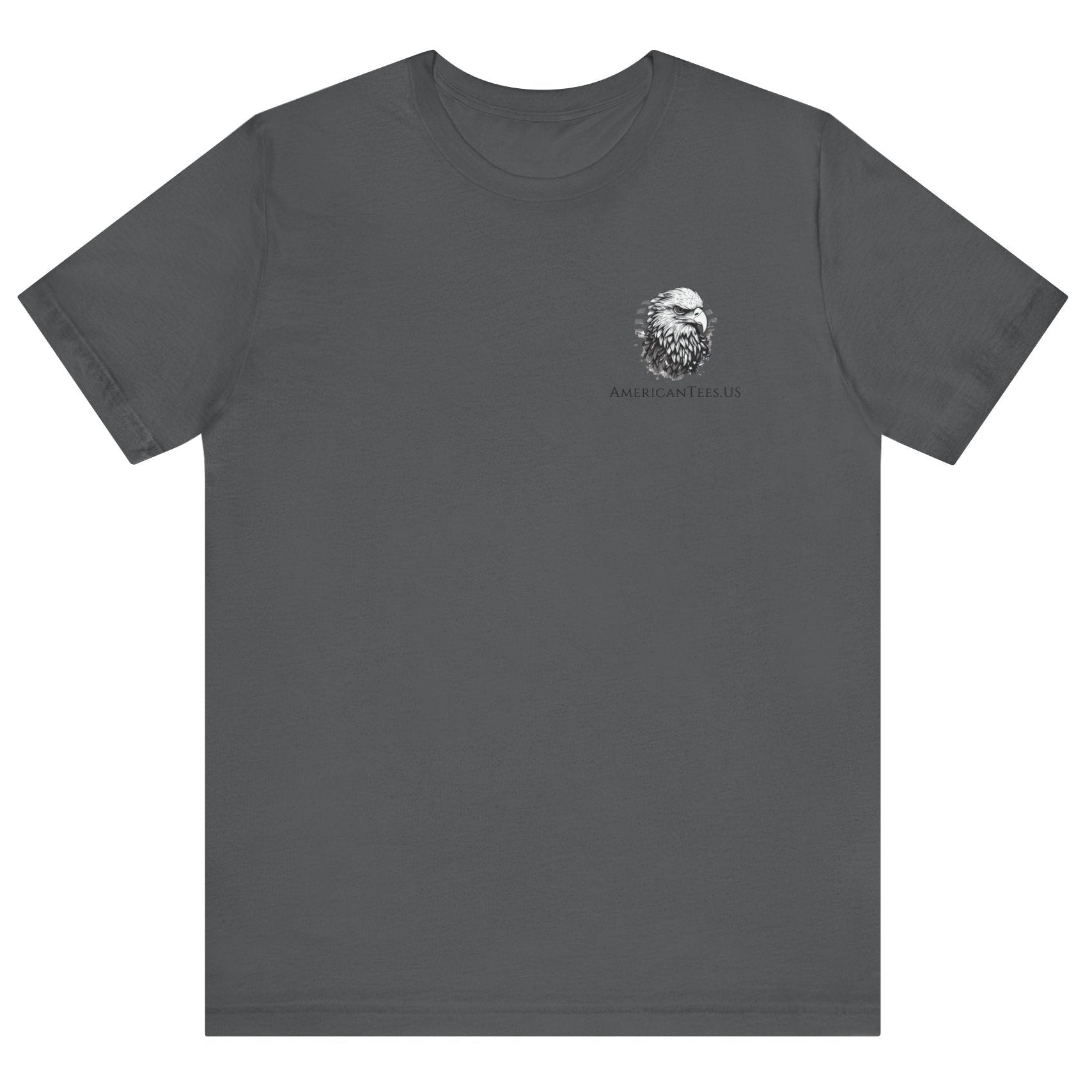 Patriotic Shirts Libertas Semper Eagle Flag Tee flat lay, asphalt color featuring an eagle and American flag with scrollwork on a unisex 100% cotton shirt, ideal for American pride