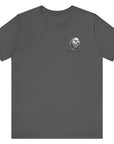 front view of asphalt color fabric patriotic shirt with americantees.us logo on front and Thomas Jefferson quote on back.