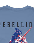 patriotic shirt rear view closeup lavender blue color fabric logo on front graphic on back with minuteman soldier and phrase rebellion is our heritage, American t-shirt