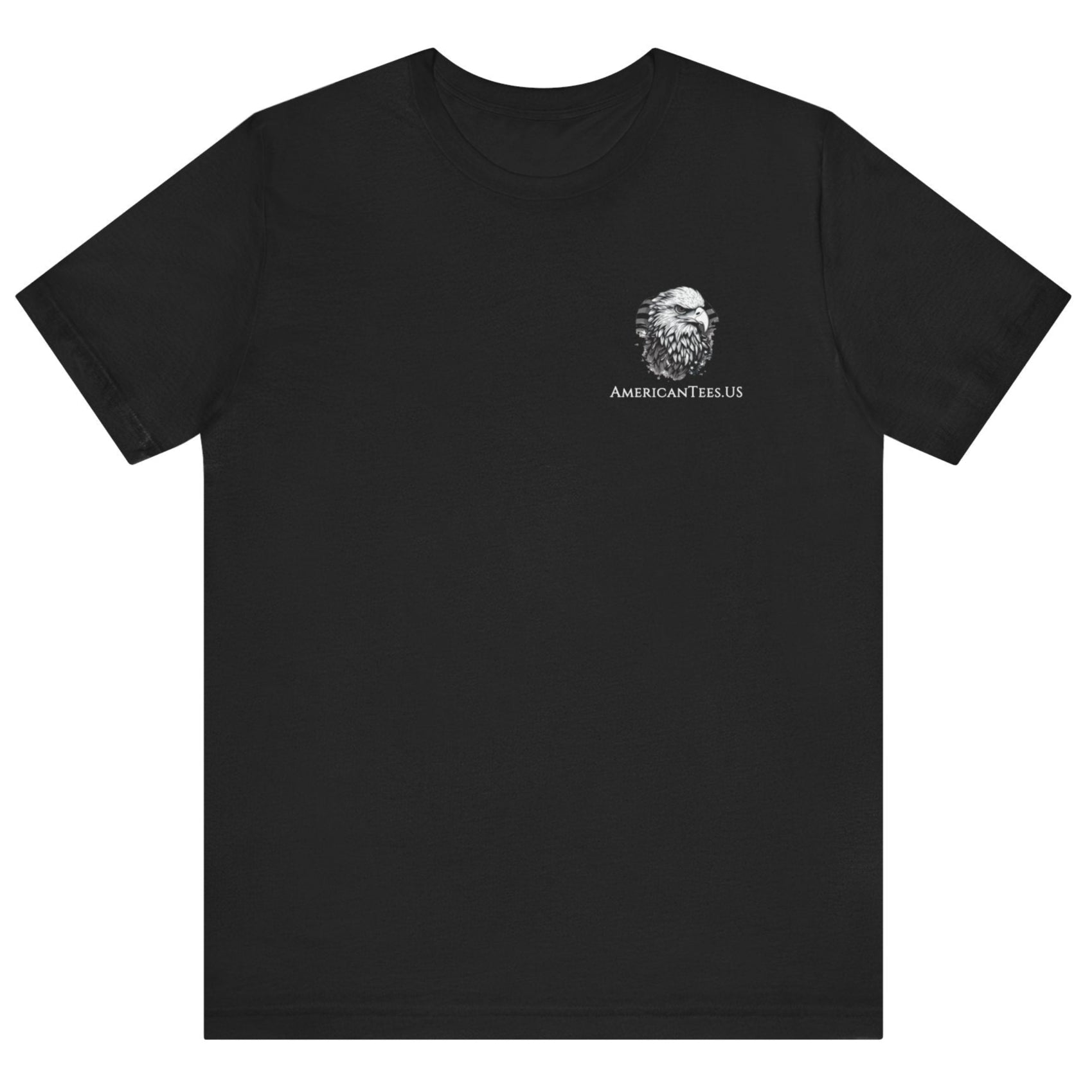 Patriotic Shirts Libertas Semper Eagle Flag Tee flat lay, black featuring an eagle and American flag with scrollwork on a unisex 100% cotton shirt, ideal for American pride