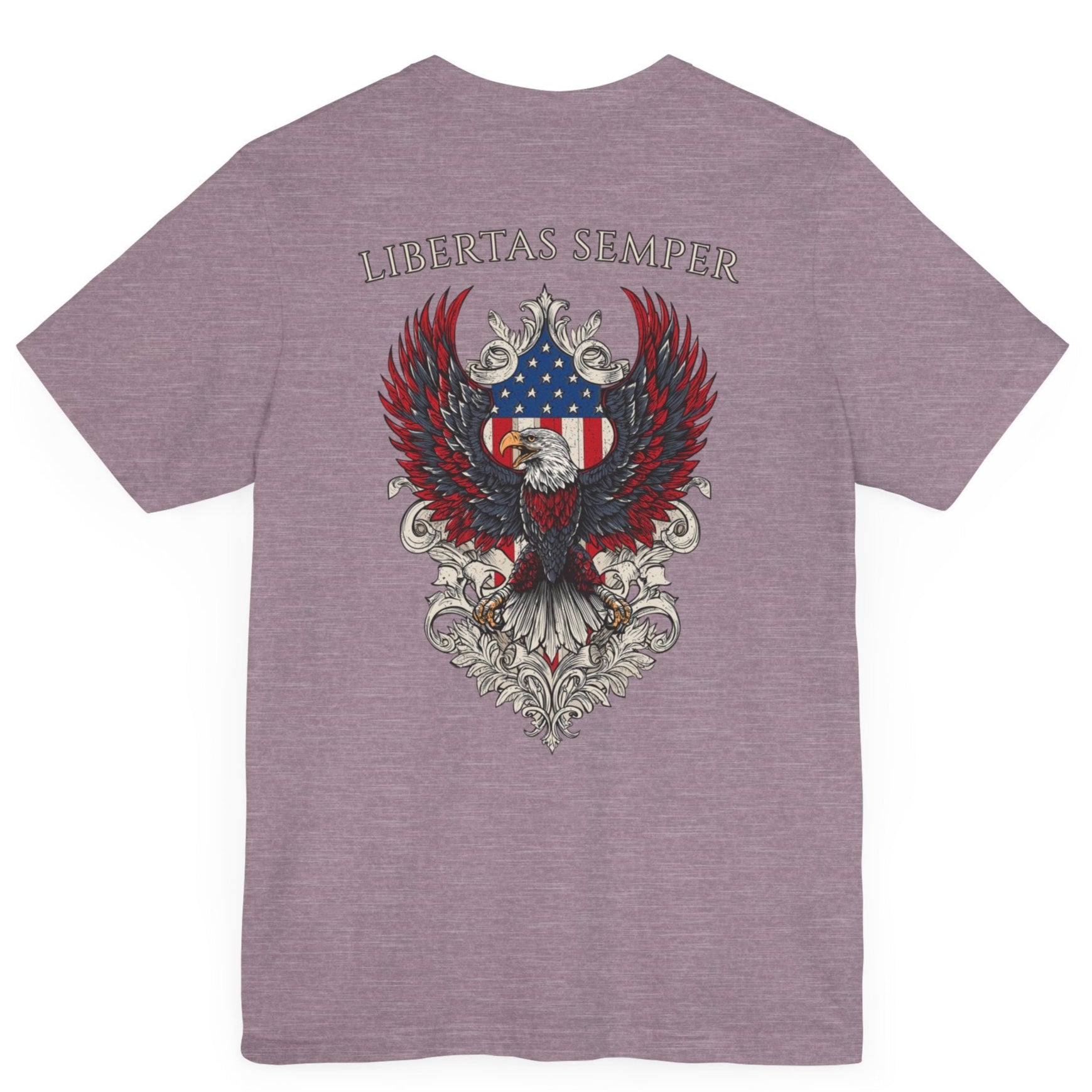 Patriotic Shirts Libertas Semper Eagle Flag Tee flat lay, heather purple color back view featuring an eagle and American flag with scrollwork on a unisex 100% cotton shirt, ideal for American pride