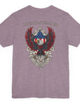 Patriotic Shirts Libertas Semper Eagle Flag Tee flat lay, heather purple color back view featuring an eagle and American flag with scrollwork on a unisex 100% cotton shirt, ideal for American pride