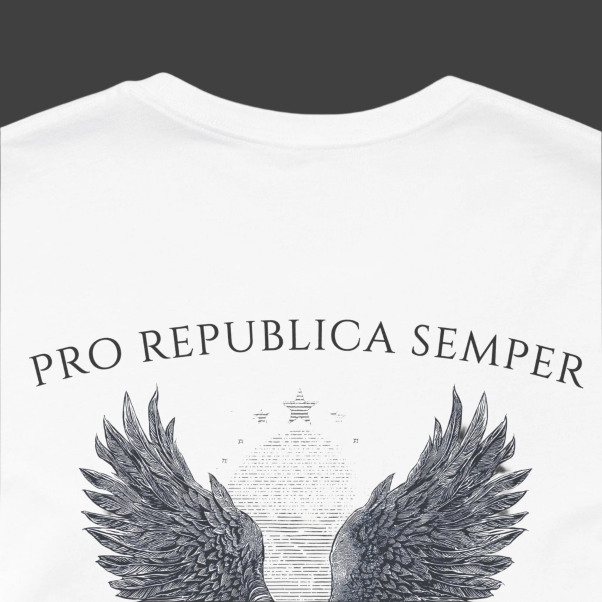 Patriotic Shirts Pro Libertas Semper Flag Eagle Tee, white, back side close up, featuring a bold eagle clutching an American flag with scrollwork on a unisex 100% cotton shirt, ideal for American pride