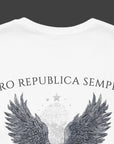 Patriotic Shirts Pro Libertas Semper Flag Eagle Tee, white, back side close up, featuring a bold eagle clutching an American flag with scrollwork on a unisex 100% cotton shirt, ideal for American pride