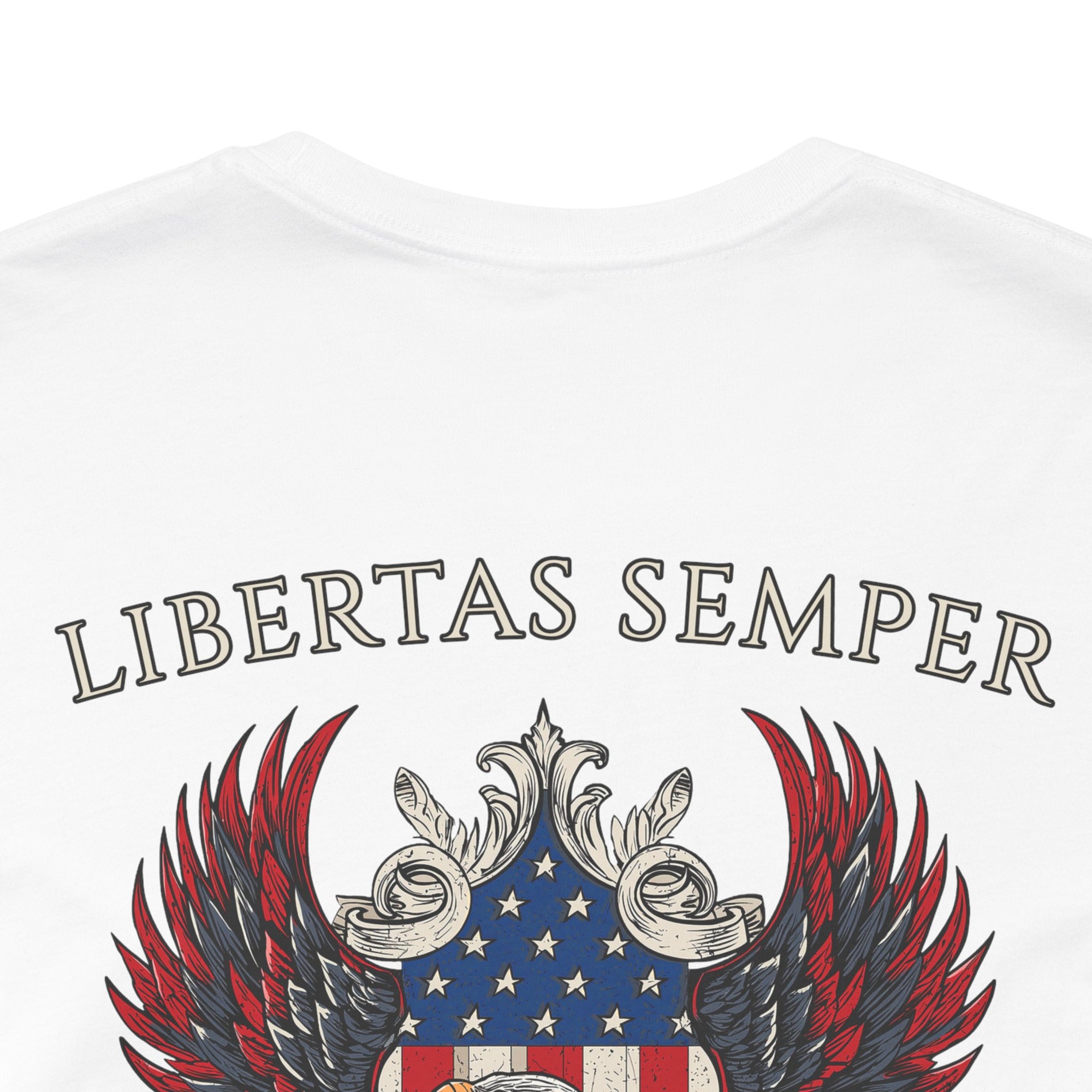 Patriotic Shirts Libertas Semper Eagle Flag Tee flat lay, white back closeup  featuring an eagle and American flag with scrollwork on a unisex 100% cotton shirt, ideal for American pride