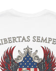 Patriotic Shirts Libertas Semper Eagle Flag Tee flat lay, white back closeup featuring an eagle and American flag with scrollwork on a unisex 100% cotton shirt, ideal for American pride