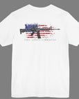 White color fabric patriotic shirt rear view has an americantees.us logo with eagle head on front , rear view has distressed American flag with modern sporting rifle with the log Pro Armis Libertas meaning For Arms, Freedom
