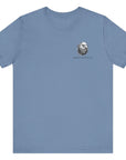 front view of steel blue colored fabric shirt with americantees.us logo on front and Texas flag with rifle and Keep Texas Free writing on back