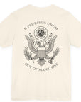 rear view of a natural colored fabric patriotic shirt with an americantees.us logo on front and the great seal of the united states on the back