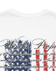 rear view closeup of white colored fabric patriotic shirt with American flag background and the preamble of the united states constitution on the back pf shirt, front of shirt has americantees.us logo